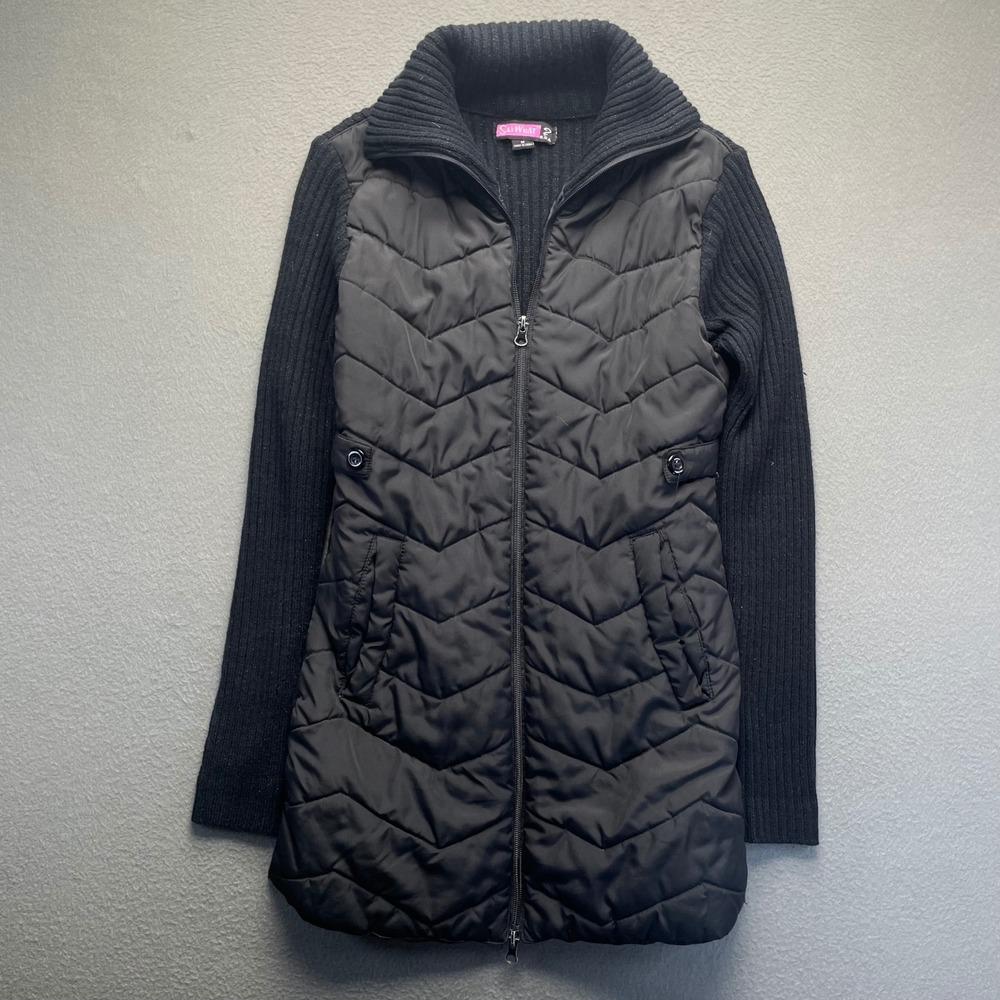 Say What Women Jacket Black Quilted Puffer Ribbed Knit Medium Hybrid Zip Up - Picture 2 of 11